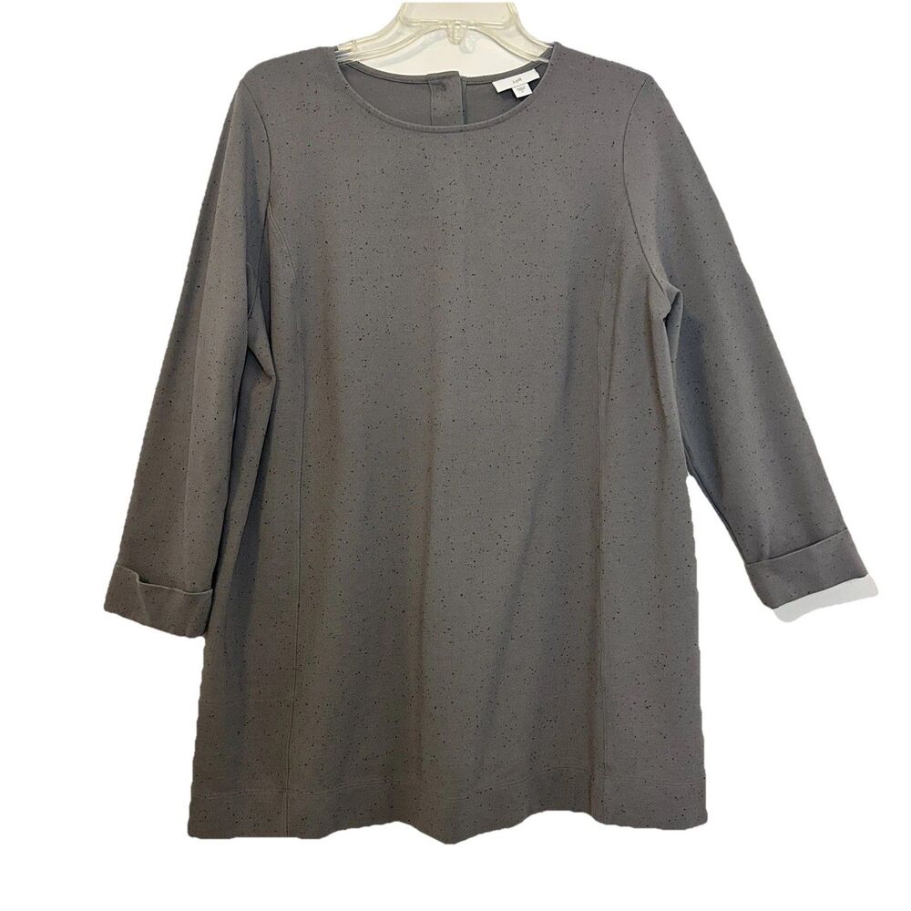 J Jill Speckled Ponte Knit Tunic Top Gray Black Back Buttons Roll Sleeve - Large